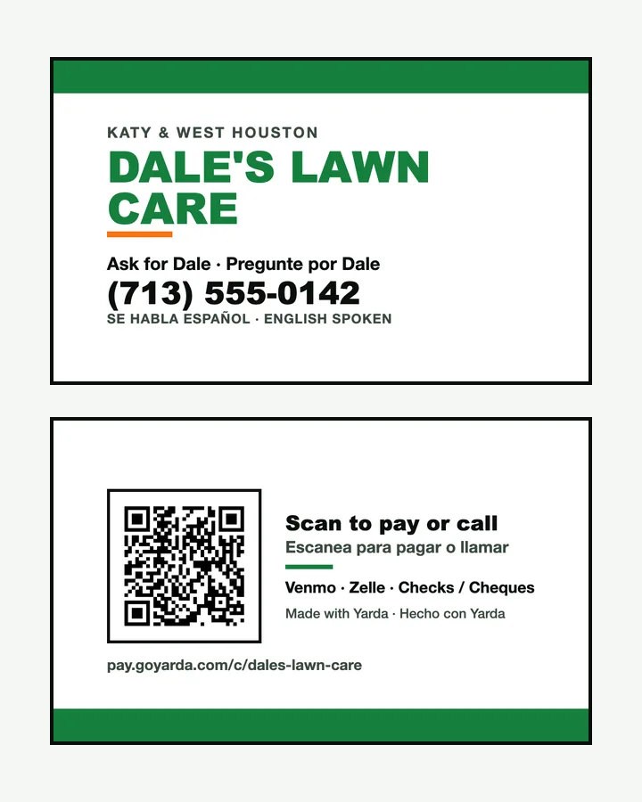 The front and back of a Dale's Lawn Care business card: the name, phone number and languages, and a QR code to scan to pay or call